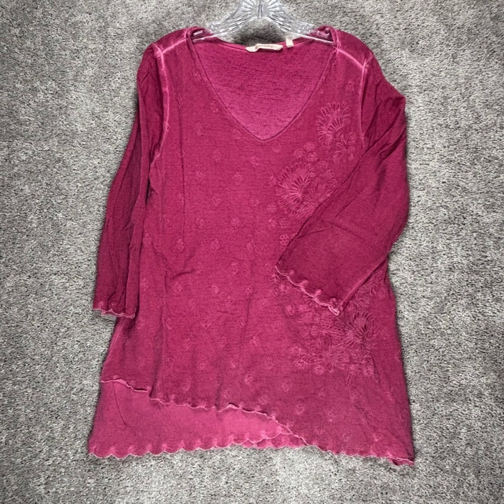 Soft Surroundings Raspberry Pink Embroidered V-Neck Top 3/4 Sleeve Cotton M